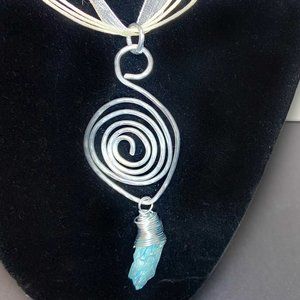 Hammered Stainless Steel Wire Pendant w/ Wrapped Blue Dyed Quartz Stone